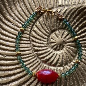 Handmade Green Swarovski and Red Glass Bracelet with Metal Accents
